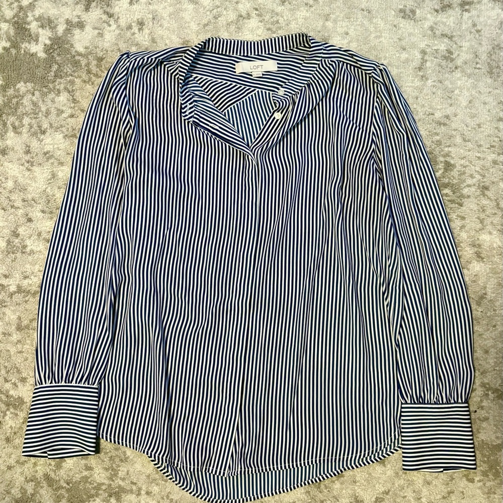 LOFT Navy and White Striped Blouse